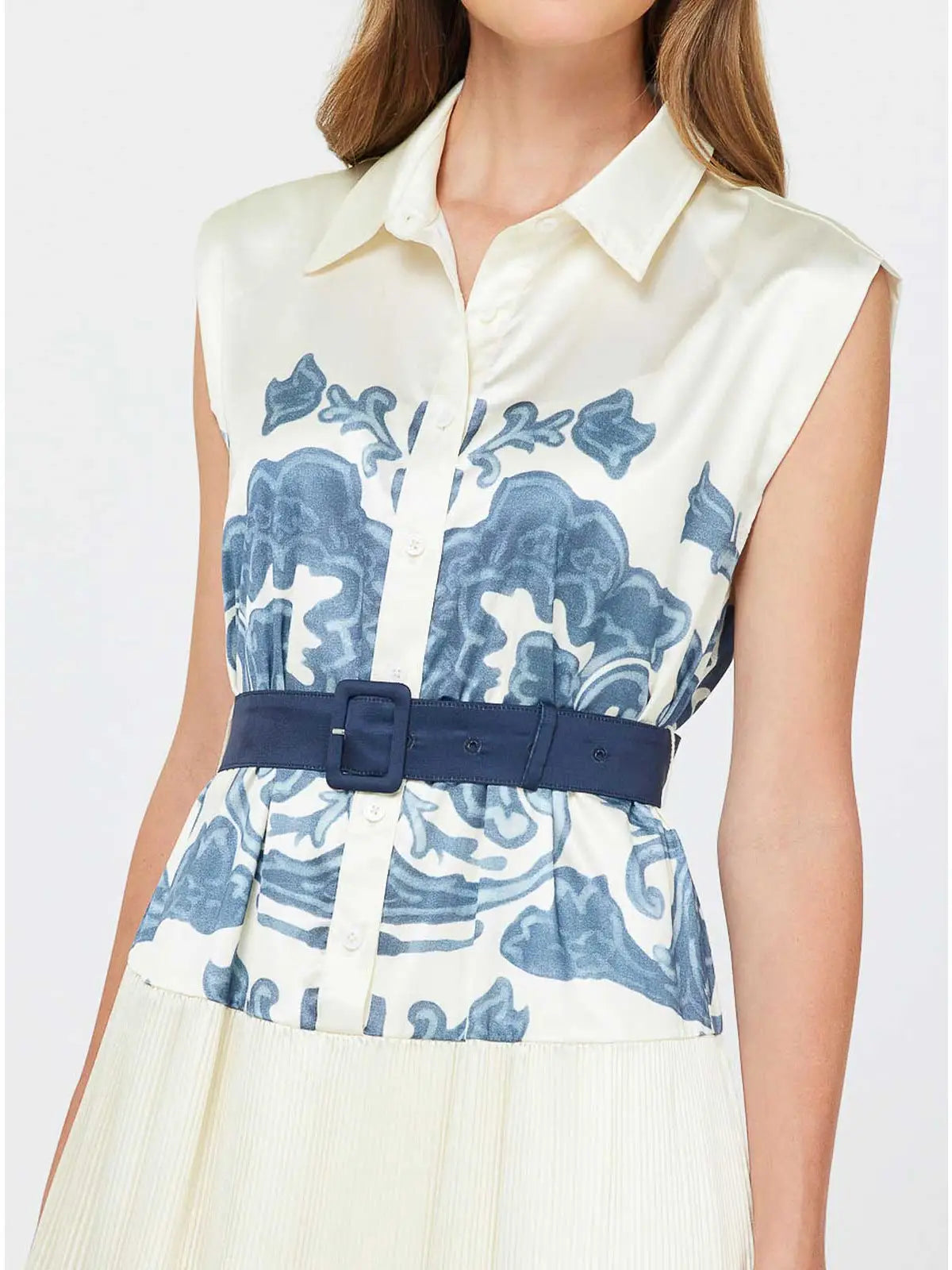 Printed Pleated Midi Shirt Dress w/ Buckle Belt 2590056