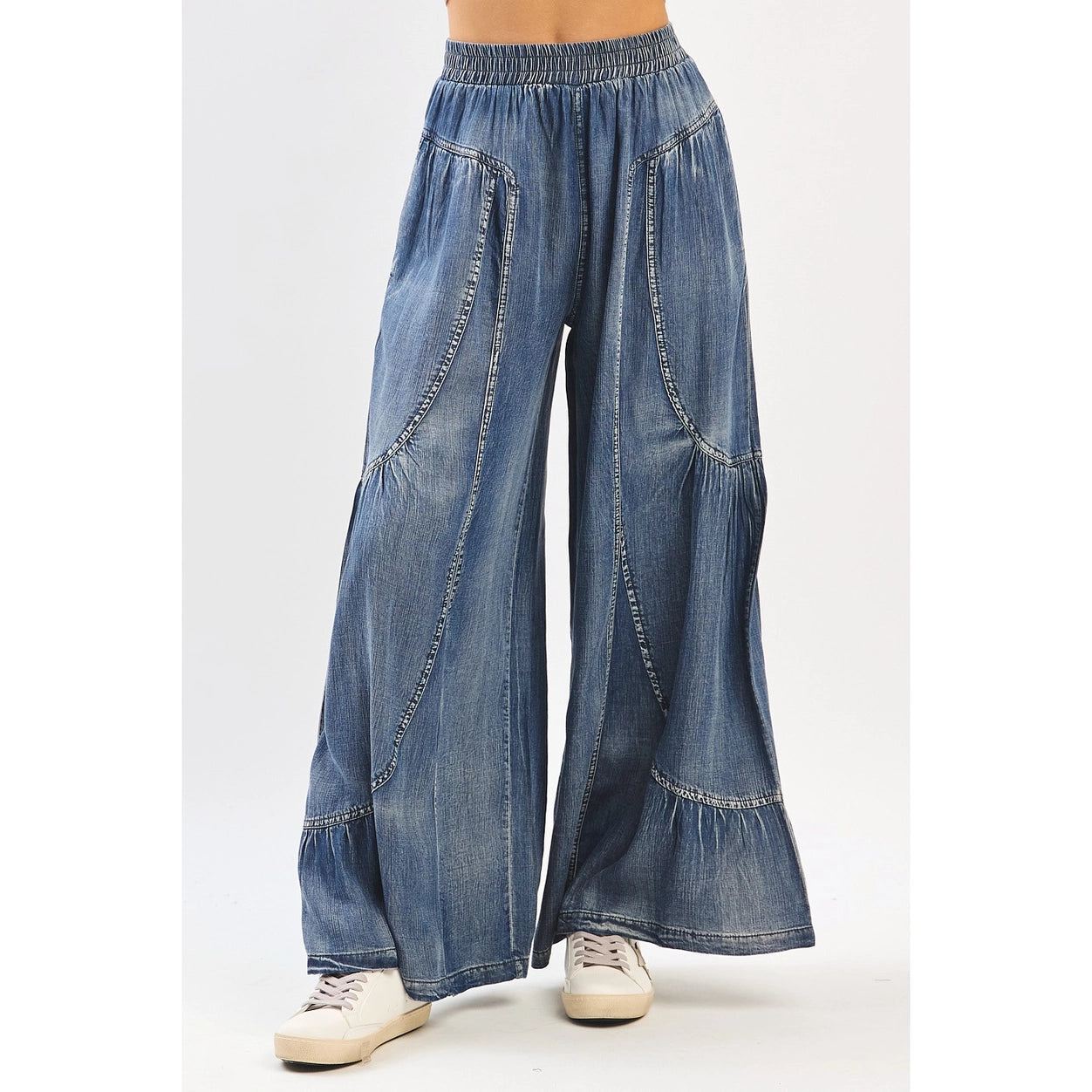 Washed Chambray Tier Detail Wide Leg Pants S70636