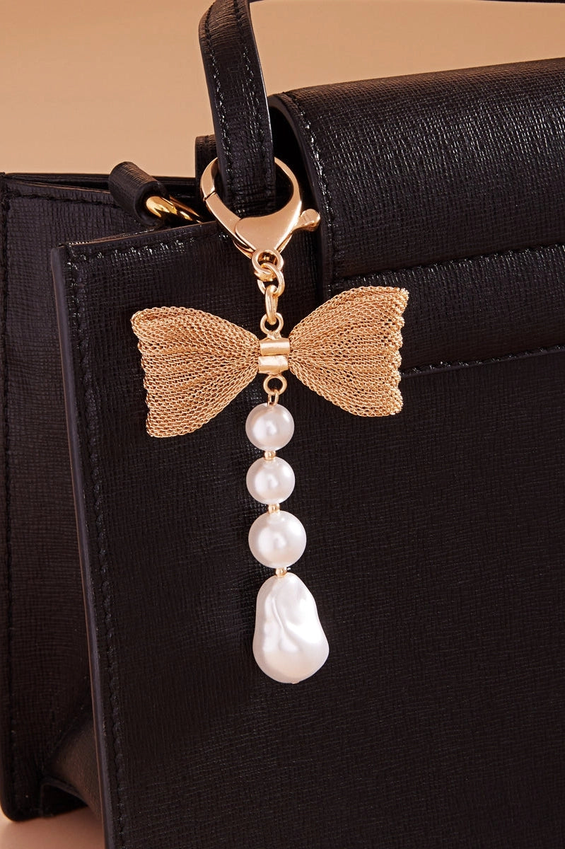 Mesh Chain Bow W Cream Pearl Bag Charm Keychain C4K2538