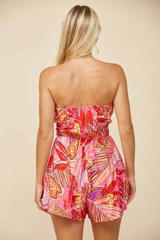 Tropical Printed Tie Front Tube Romper W4404RE