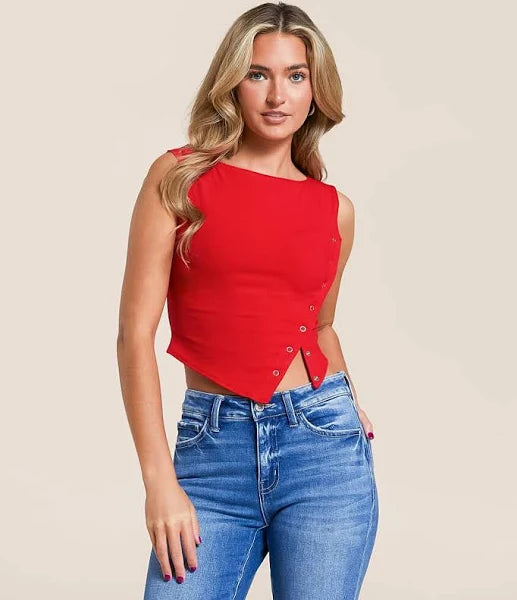 Asymmetrical Snap Button Detail Sleeveless Knit TWS1142