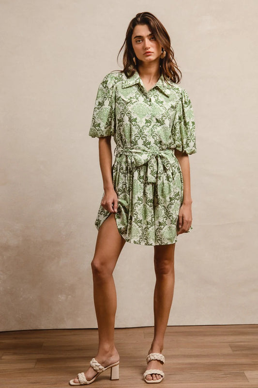 Floral Ceramic Pattern Puff Sleeves Shirt Dress ID1533G-02