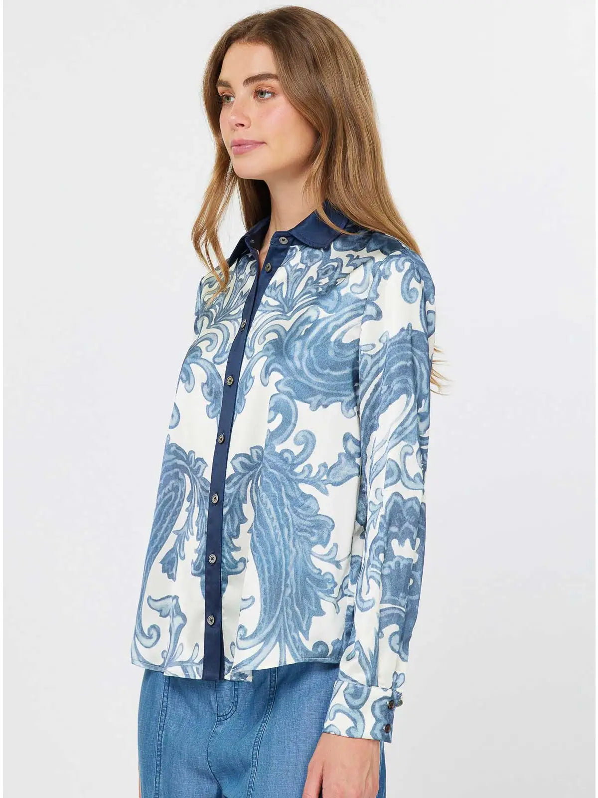 Printed Button Down Blouse W/Contrast Collar 2530272