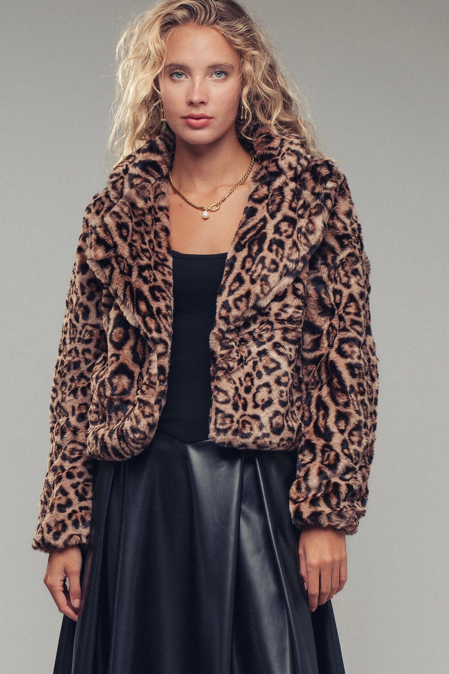 Cropped Faux Fur Leopard Print Bomber Jacket UD80299JN