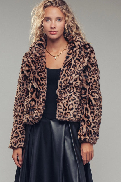 Cropped Faux Fur Leopard Print Bomber Jacket UD80299JN