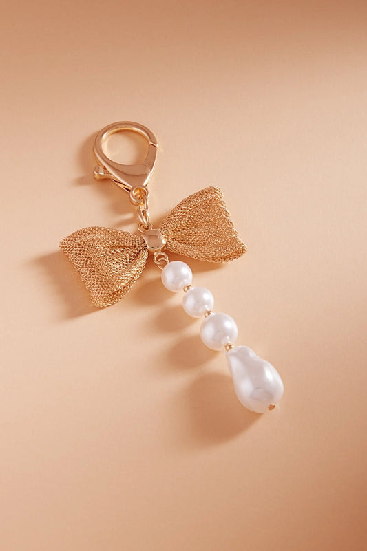 Mesh Chain Bow W Cream Pearl Bag Charm Keychain C4K2538