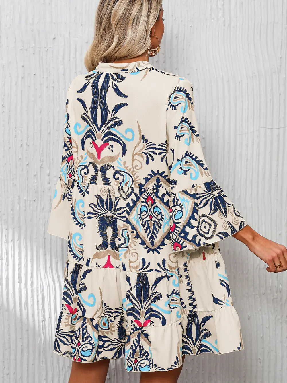 White Printed Bracelet Sleeve Buttoned Mini Dress HY6118388-P120