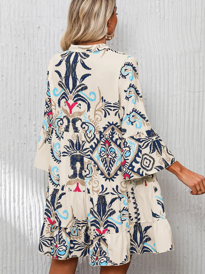 White Printed Bracelet Sleeve Buttoned Mini Dress HY6118388-P120