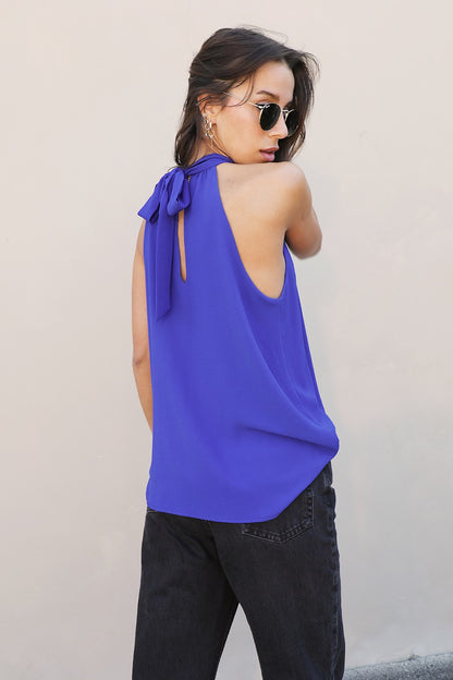 Textured Solid Twisted Neck Top T-6430