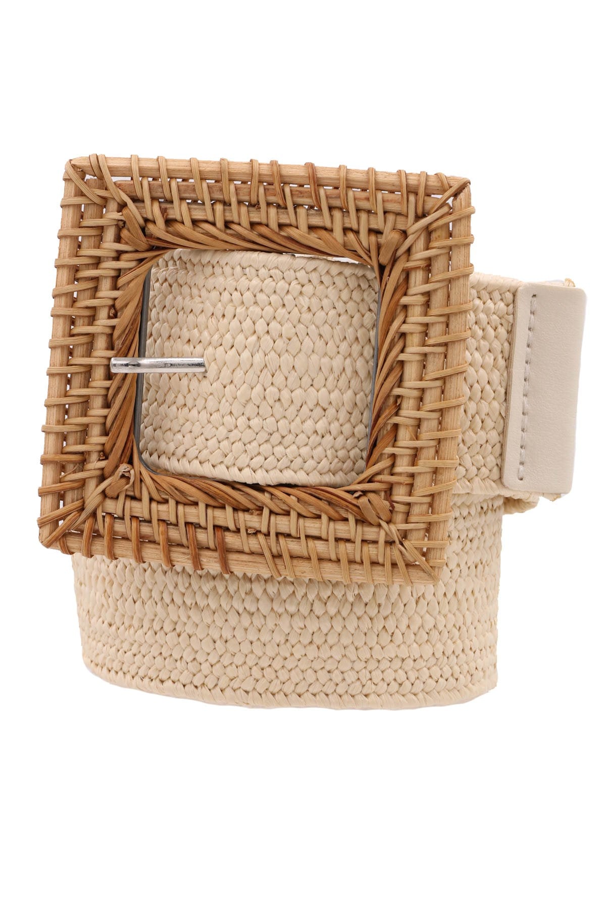 Wood Square Buckle Woven Straw Stretch Belt 41475-1-BT-C