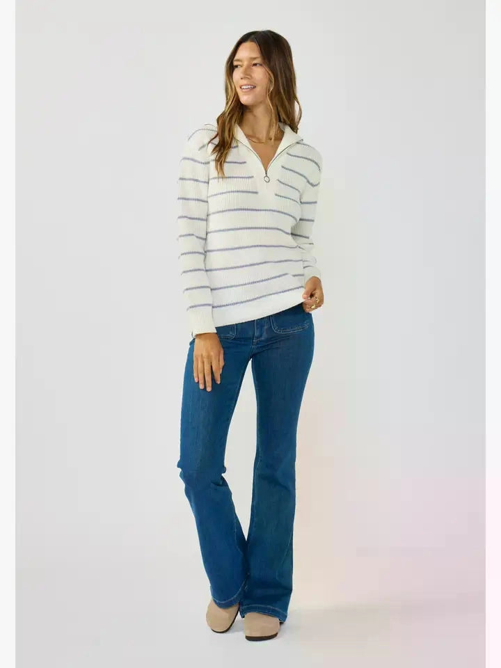 V-Neck Stripe Sweater with Zipper I-51076K-STO