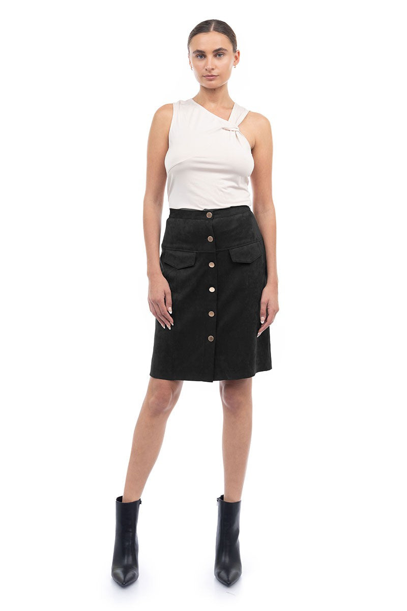 Faux Suede Button Front Midi Skirt TS117499