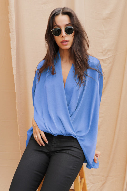 Washed Poly Silk Surplice Caftan Top T-8356