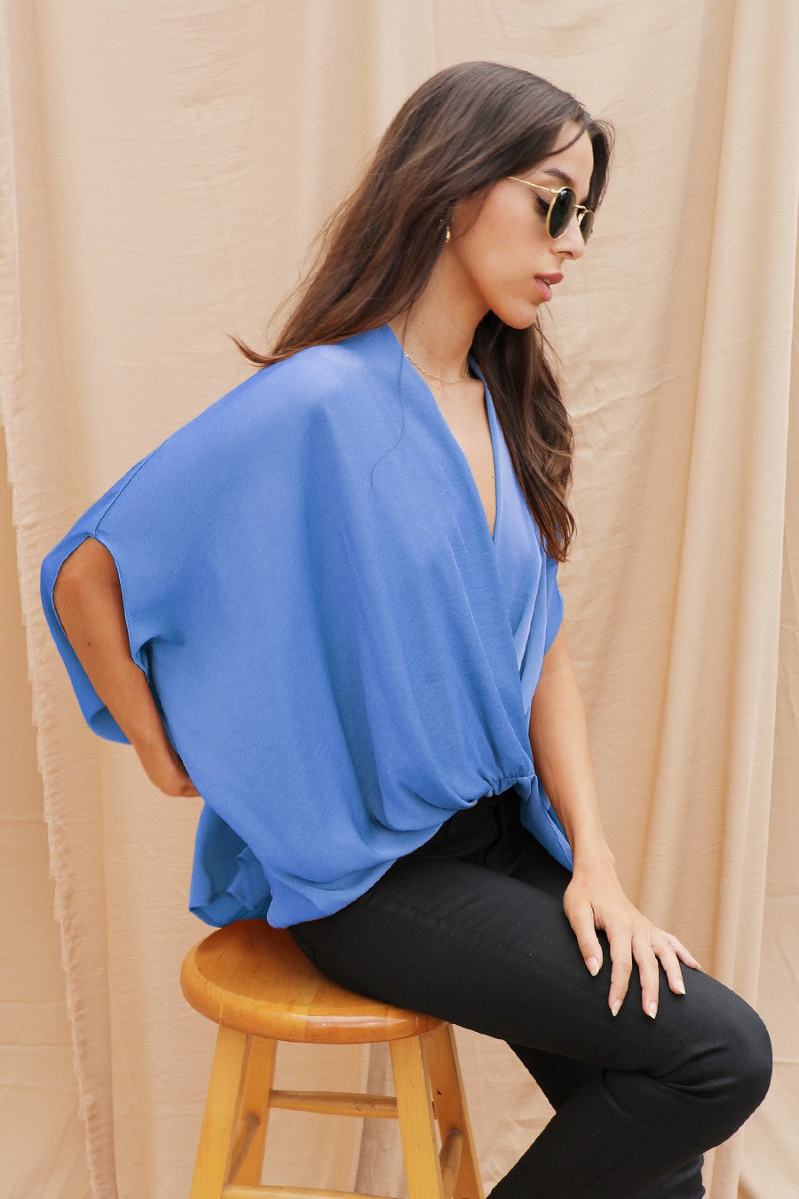Washed Poly Silk Surplice Caftan Top T-8356