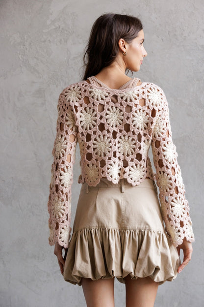 Crochet Flower Long Sleeve Crop Top JT4104-1