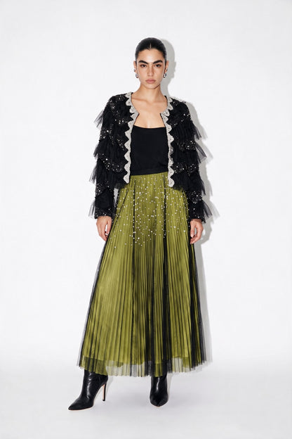 Embellished Ruffle Mesh Jacket  AM4001