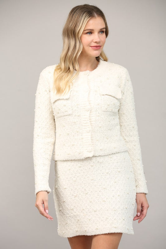Pearl Embellished Two Front Pocket Sweater Jacket FW13105