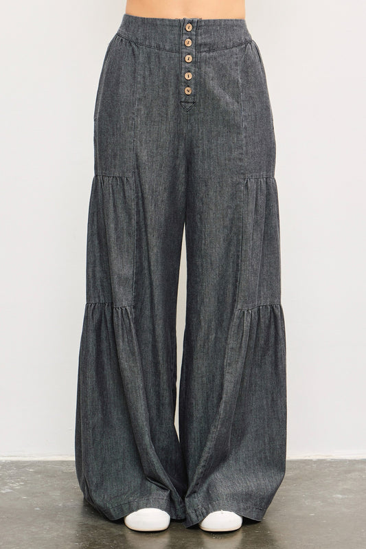 Button Front Tiered Wide Pants DS0789