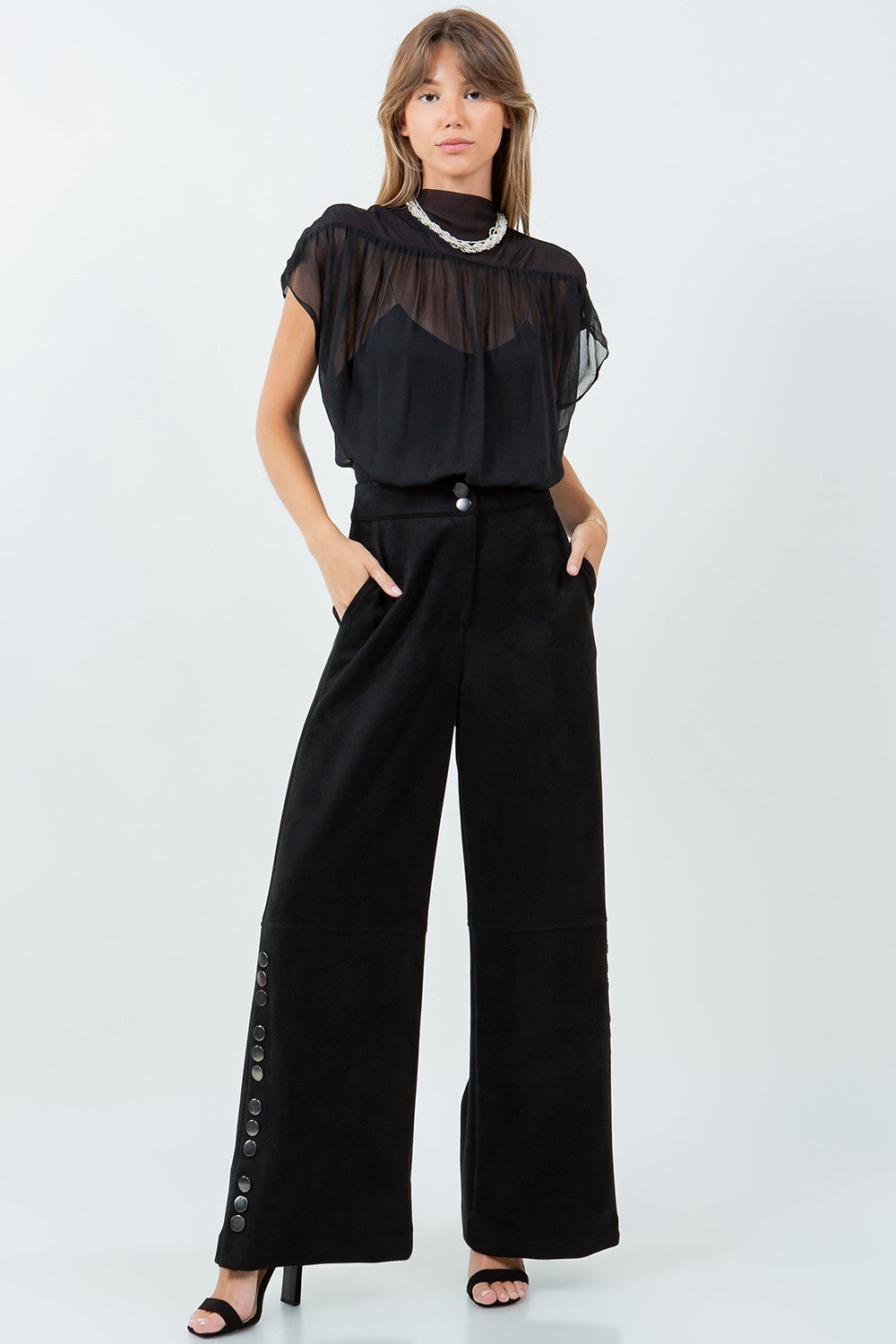 Side Snap Button Detailed Suede Long Pants P33141-WC