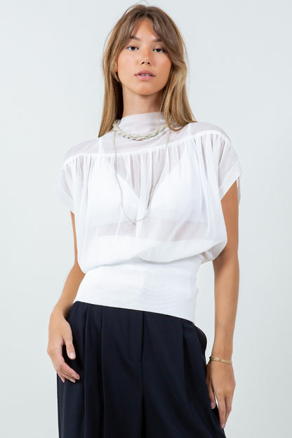 Fabric Mixed Semi Sheer Blouse T12936-WC