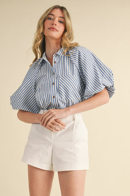 Striped Bubble Sleeve Button Down Top MTP3329-GH