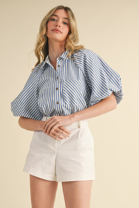 Striped Bubble Sleeve Button Down Top MTP3329-GH