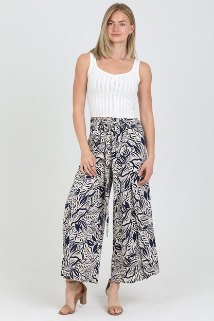 Printed Wide Leg Pants With Front Slits Tie Waist 25P63-FQ81