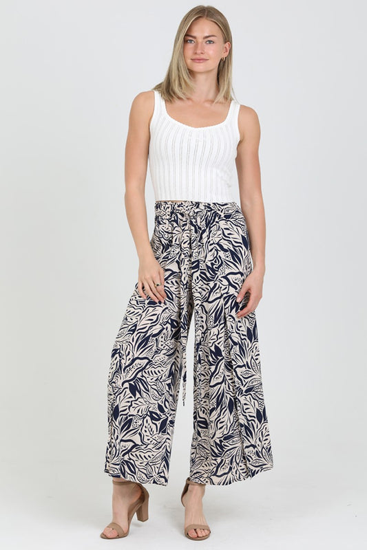 Printed Wide Leg Pants With Front Slits Tie Waist 25P63-FQ81