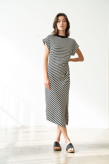 Striped Ruched Side Detailed Long Dress 3114EDC