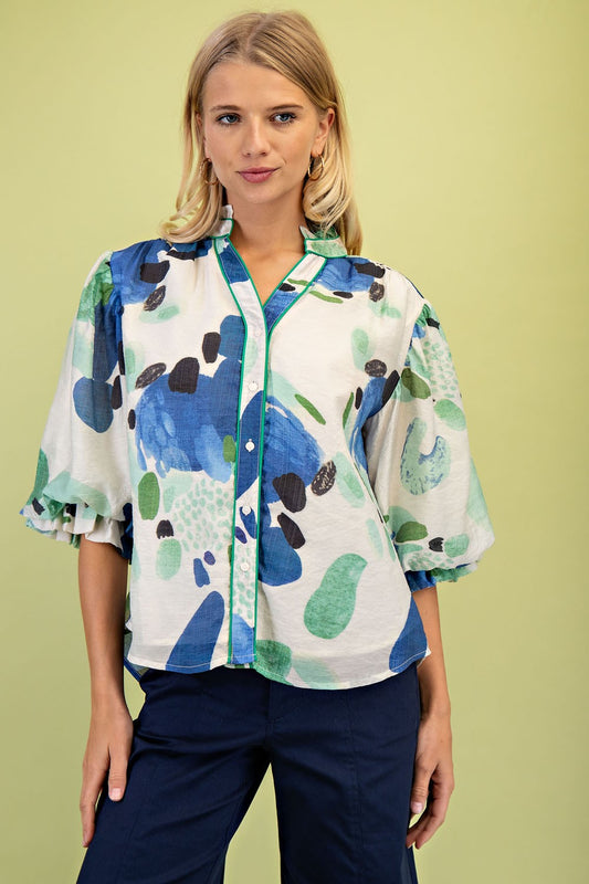 Printed Blouse With Gathered Balloon Sleeves TG2141