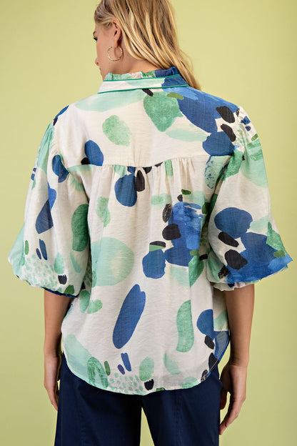 Printed Blouse With Gathered Balloon Sleeves TG2141