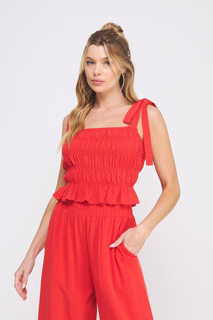 Soft Linen Smocked Tie Straps Tank  AT9006