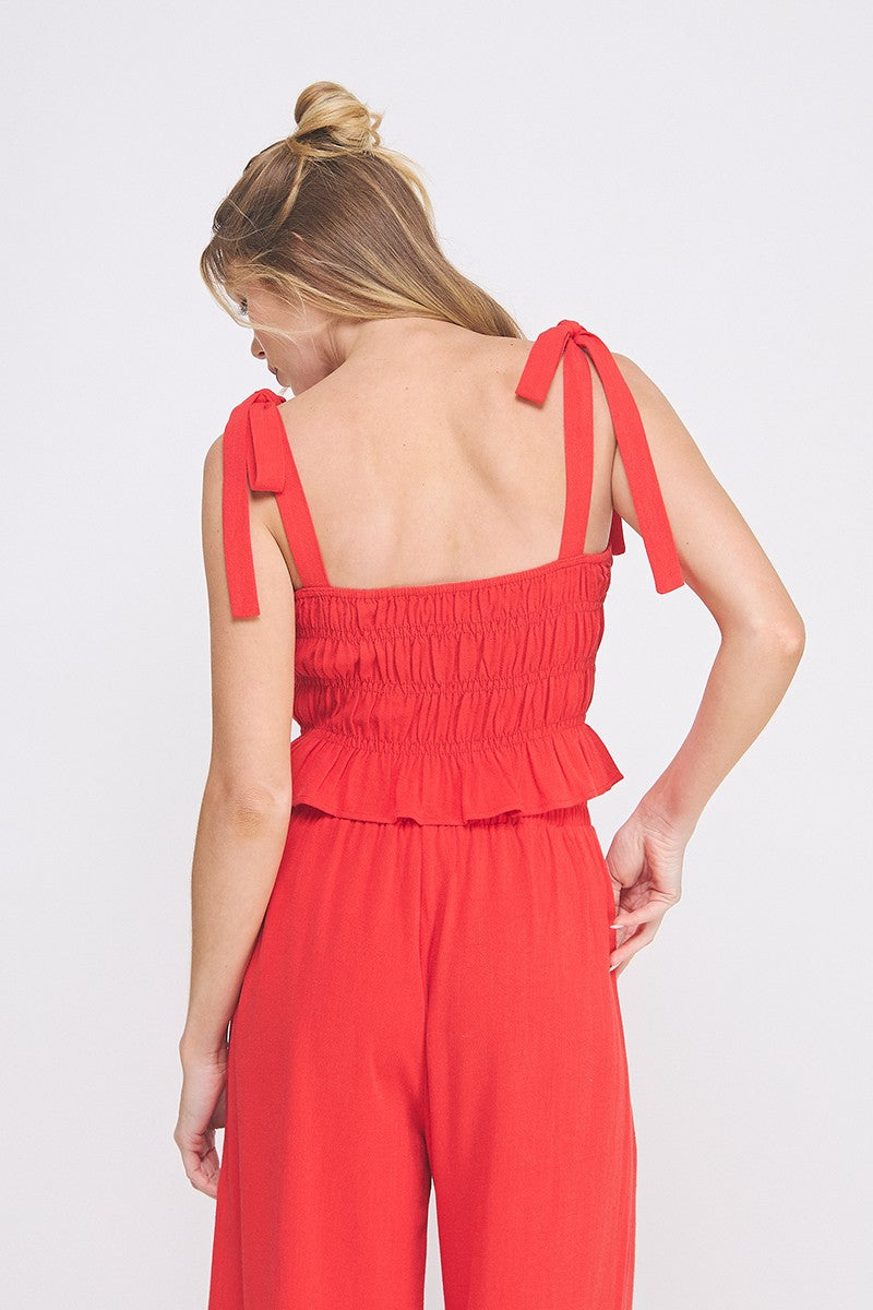 Soft Linen Smocked Tie Straps Tank  AT9006