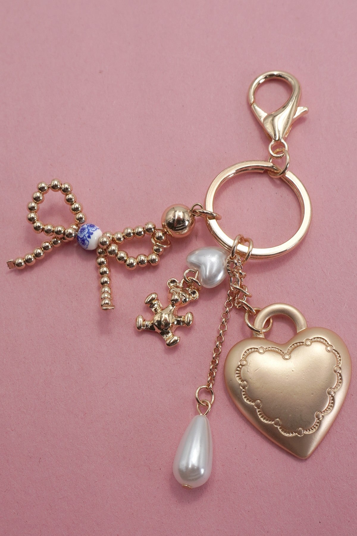 Porcelain Bow Heart Teddy Bear Pearl Bag Charm 80K012
