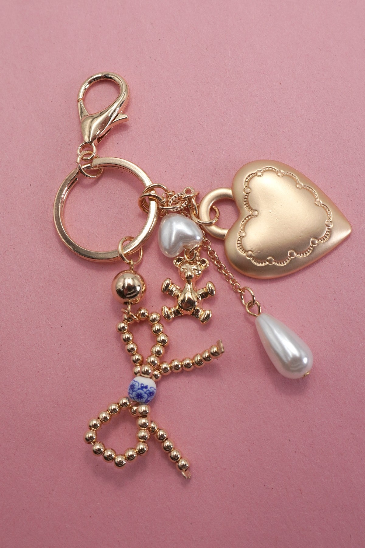Porcelain Bow Heart Teddy Bear Pearl Bag Charm 80K012