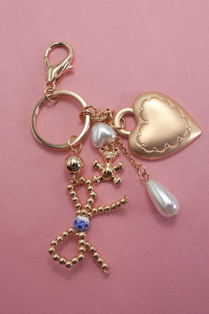 Porcelain Bow Heart Teddy Bear Pearl Bag Charm 80K012