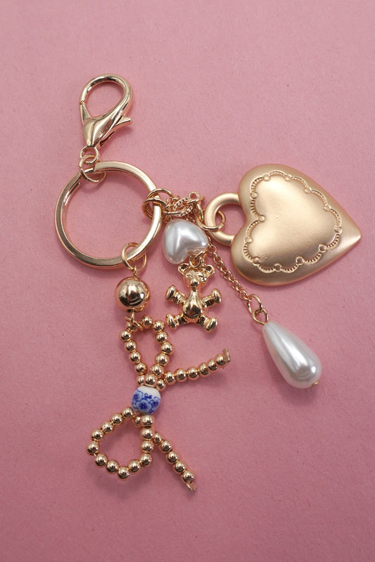Porcelain Bow Heart Teddy Bear Pearl Bag Charm 80K012