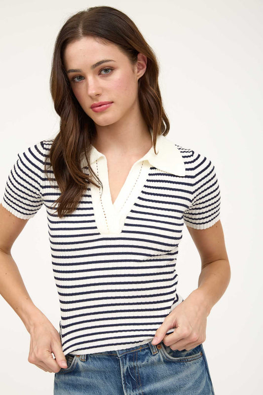 Stripe Collared Cut-out Detail Sweater Knit Top TW1669