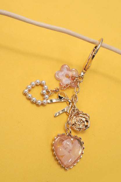 Bag Charm- Pressed Flower Bow Pearl Heart Charms 80K026