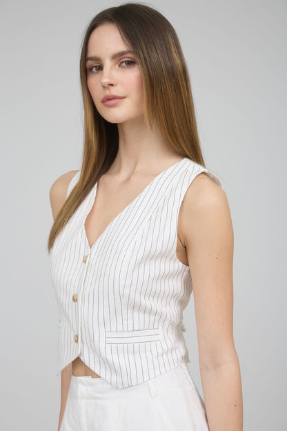 Pinstripe Button Down Back Tie Vest Top TW1793