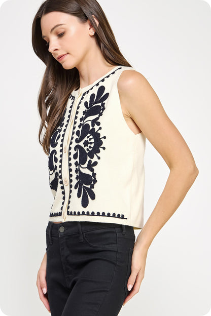 Embroidered Sleeveless Knitted Vest Top TK-4882-H-1