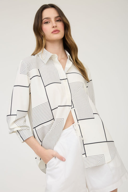 Geo Pattern Collared Long Sleeve Button Down Shirt TW1612A