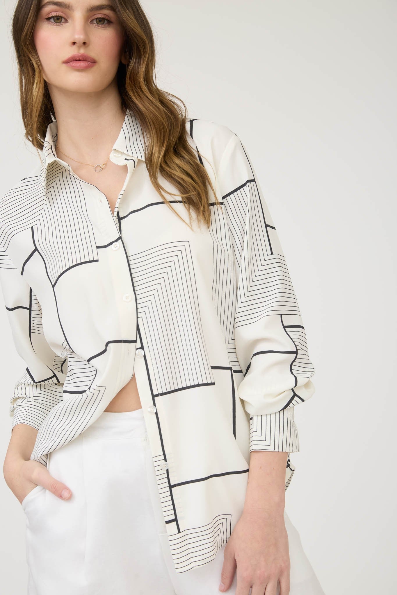 Geo Pattern Collared Long Sleeve Button Down Shirt TW1612A