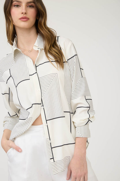 Geo Pattern Collared Long Sleeve Button Down Shirt TW1612A