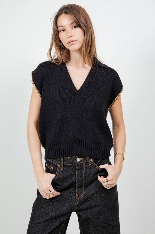 Knitted Sweater Vest W Metal Chain Accents T13471-WC
