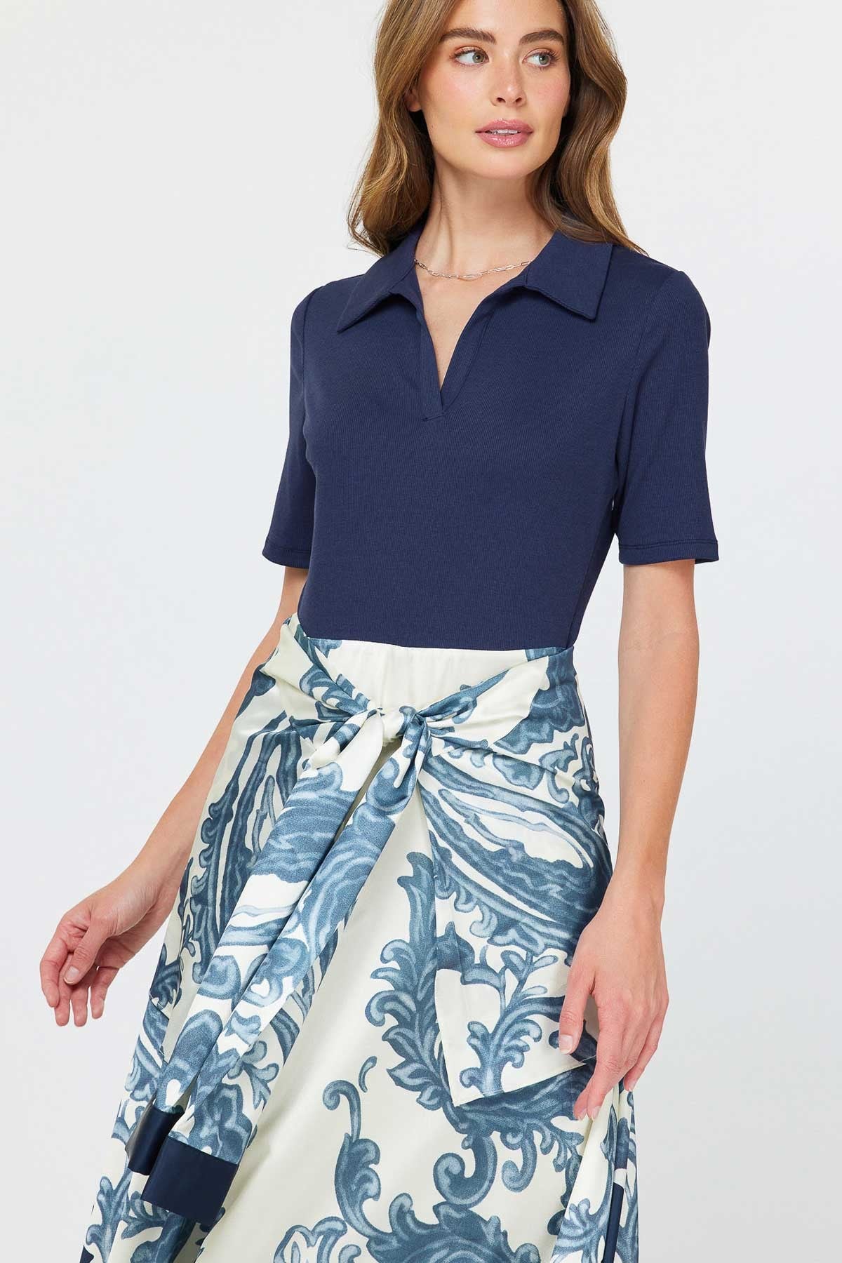 Polo Knit Top Midi Dress W/faux Sleeve Tie 2590189