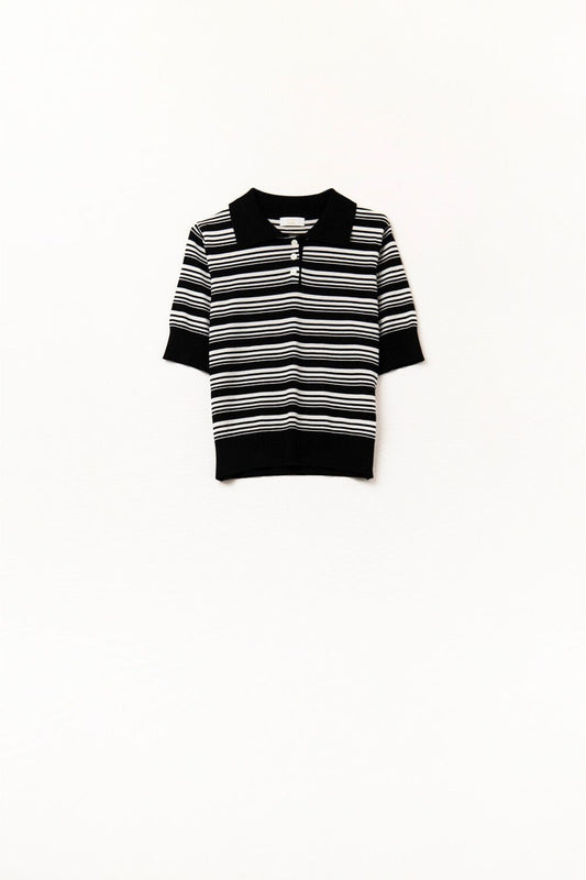 Black And White Striped Sweater With Polo Neck 5687801