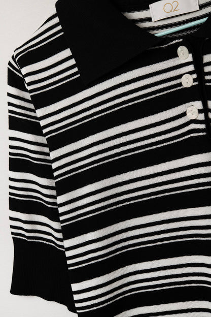 Black And White Striped Sweater With Polo Neck 5687801