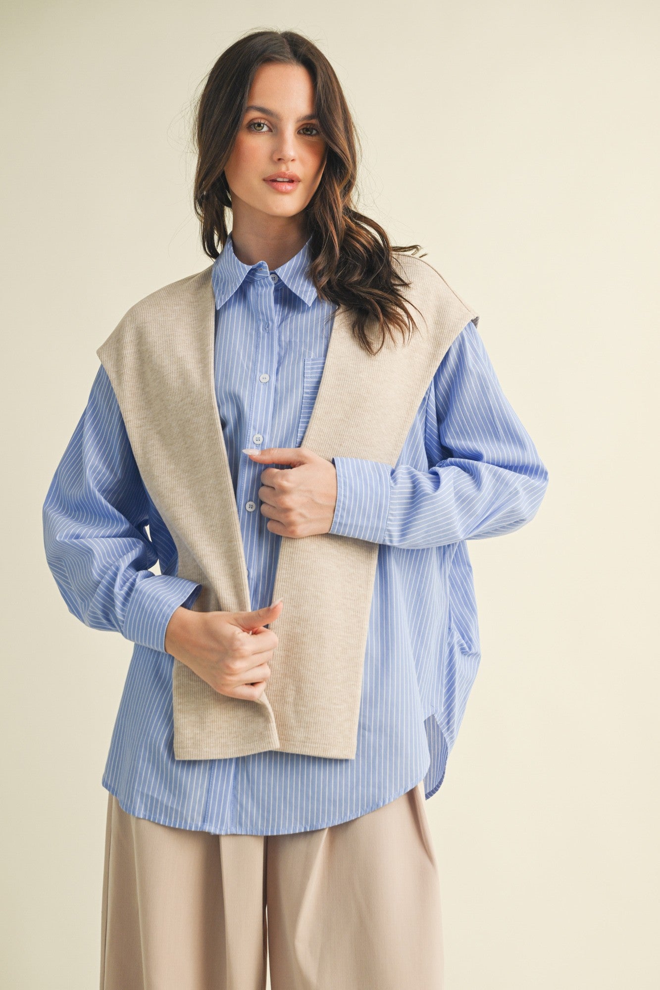 Striped Shrt With Layered Knit Sleeves Top S24992