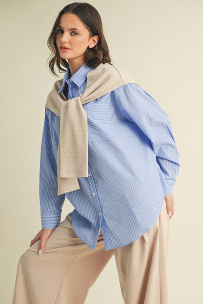 Striped Shrt With Layered Knit Sleeves Top S24992